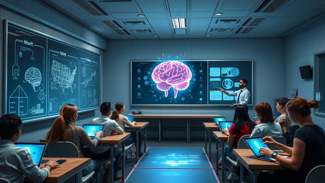 AI generated image by FLUX.1-schnell: "A futuristic classroom with holographic blackboards, diverse students using tablets, and a teacher interacting with a 3D model of the human brain, soft lighting, high detail, science fiction style."
