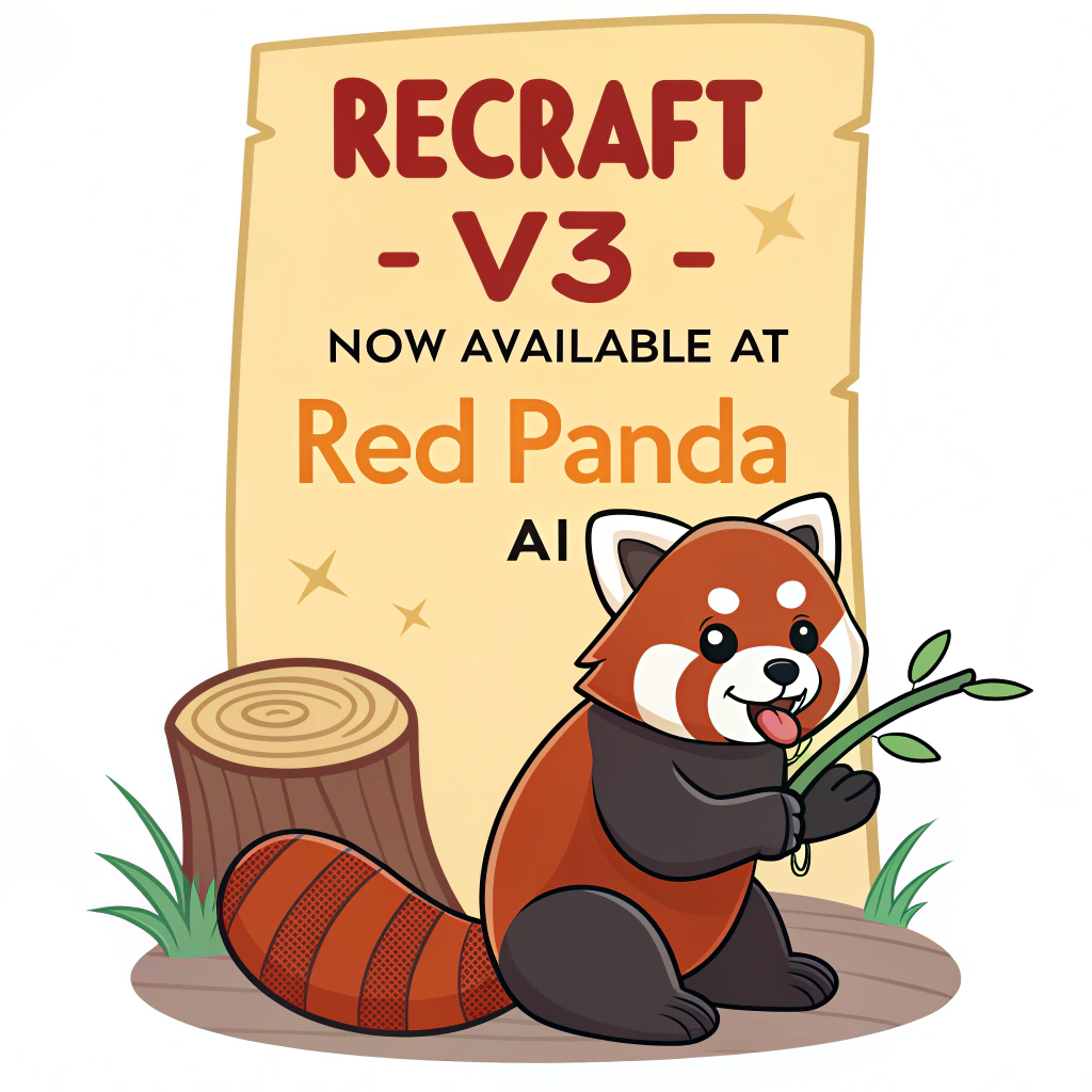 AI generated image by Red Panda AI: a red panda eating a bamboo in front of a poster that says "recraft V3 now available at red panda ai