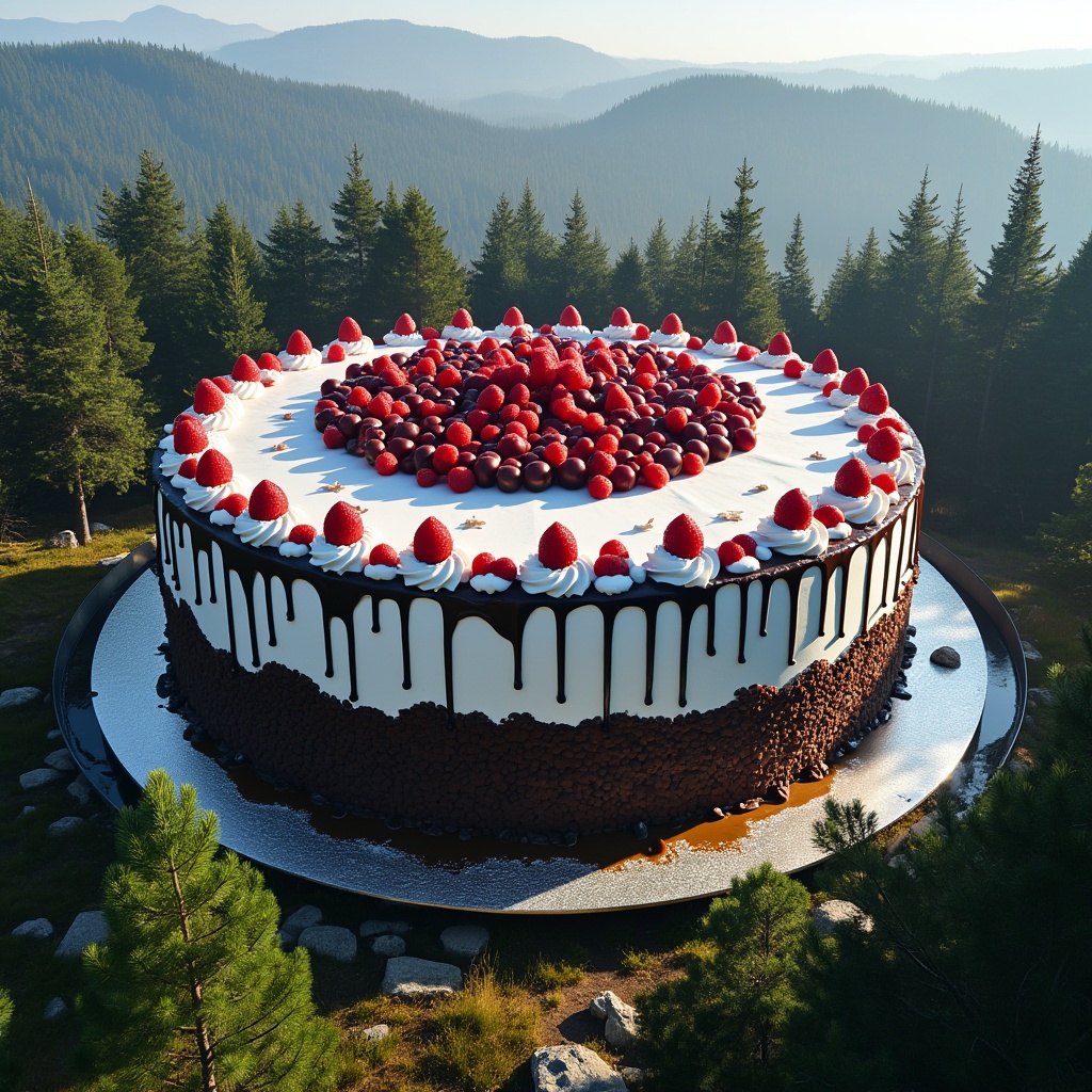 AI generated image by FLUX.1-pro: The world's largest black forest cake, the size of a building, surrounded by trees of the black forest