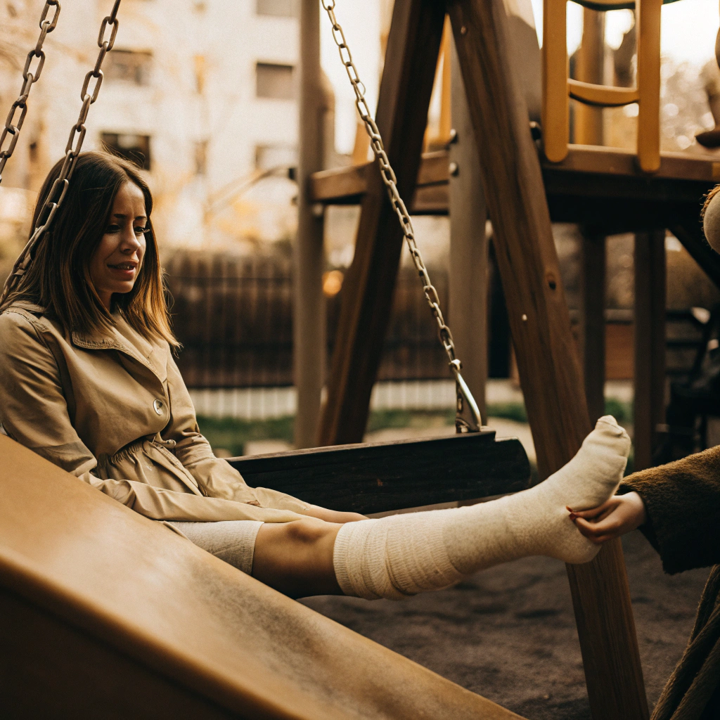 AI generated image by Red Panda AI: an attractive 36-years old woman in sporty dress sitting with her friend (mother of two) on a playground, she has worried facial expression cause wants to get attention and so she hit her plaster leg cast, her well-kept toes manicured with red polish protruding out of the cast, her best friend is always caring for her try to protect the toes, her facial express is panical *hyperrealistic display*