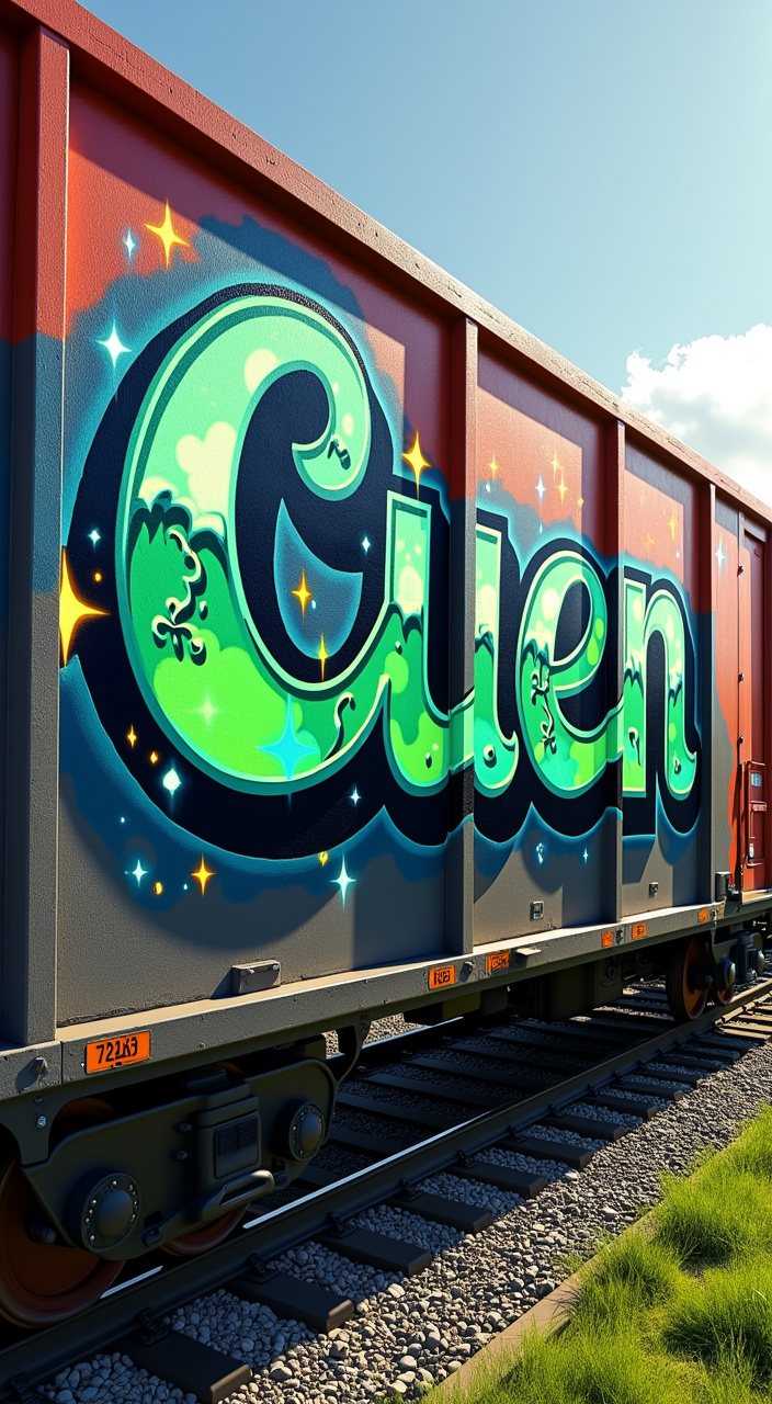 AI generated image by FLUX.1-pro: Crear una imagen de un vagón de tren con una textura realista de óxido cubriendo la superficie. El vagón es parte de un tren más grande, VISTA PANORÁMICA , bajo la luz brillante del día. En LA PARTE BAJA IZQUIERDA, hay un graffiti  son letras góticas modernas tridimensionales que deletrean ‘Cuen’, alargadas, Y ORNAMENTALES  mezcladas con caligrafuturismo, predominantemente en azul cielo (#00a3f) y verde lima (#b5e34), con contornos y acentos en púrpura oscuro. Cada letra tiene detalles intrincados, incluyendo grietas y sombras que les dan una apariencia rugosa, asemejándose a bloques de piedra apilados con una textura áspera. Las letras están resaltadas por un efecto de contorno naranja brillante CON DESTELLOS FLUORECENTES, añadiendo profundidad y dimensión a la obra de arte. El fondo consiste en paneles de concreto verticales pintados en gris oscuro, proporcionando contraste con los colores brillantes del graffiti. En la parte inferior de la imagen, hay un parche bien mantenido de césped verde musgoso. La escena está iluminada por luz natural, proyectando sombras suaves y resaltando los tonos vivos. 