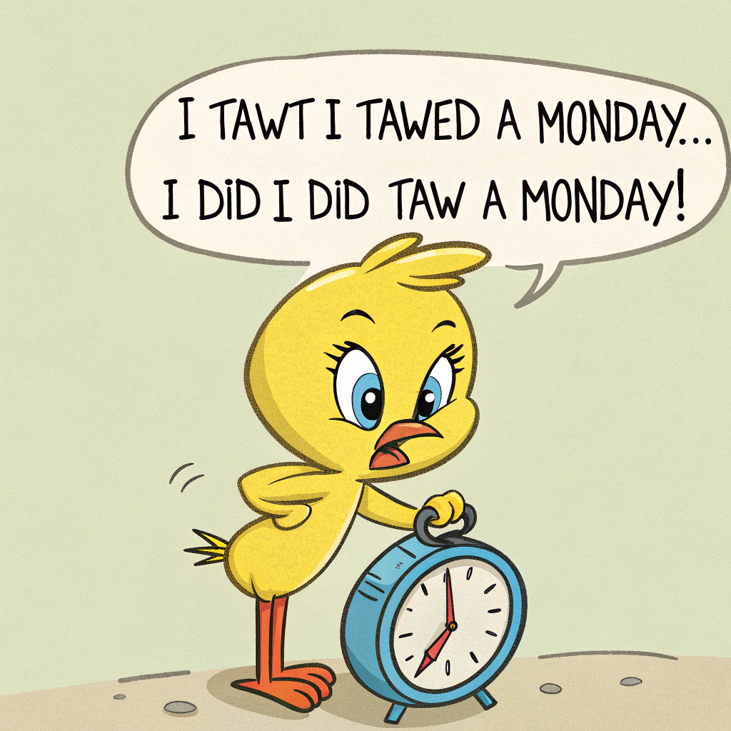 AI generated image by Red Panda AI: A cartoon-style illustration of Tweety Bird with his tiny arms crossed and his beak scrunched in a cute but furious pout. He’s standing atop a smashed alarm clock, one foot still raised mid-stomp. His big blue eyes are narrowed in dramatic, exaggerated annoyance. Above his head is a comic-style speech balloon that reads: "I tawt I taw a Monday... I did, I did taw a Monday!"