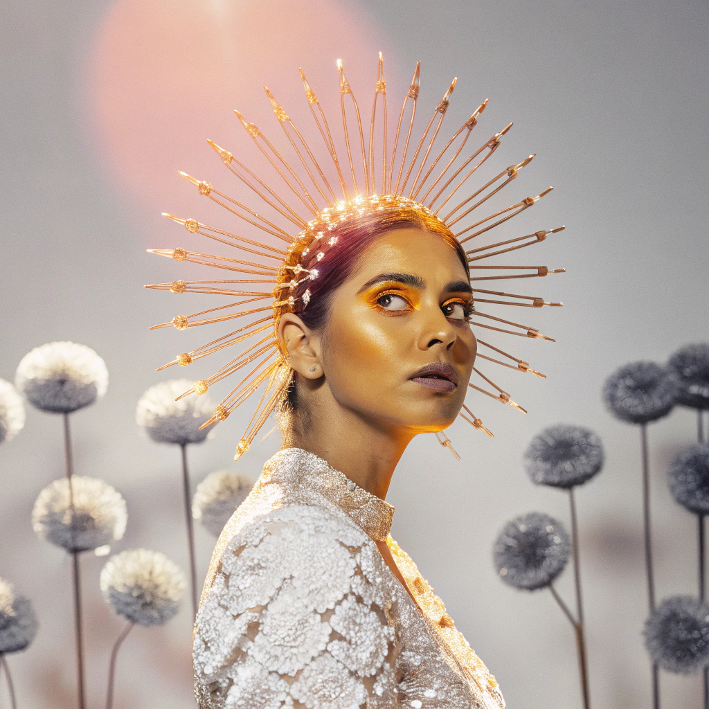 AI generated image by Red Panda AI: High-fashion fantasy portrait, ultra-high detail, centered on a woman with extravagant jewel-encrusted headdress, metallic pink and rose-gold tones, luxurious textured fabric gown with intricate floral patterns, embellished with crystal and pearl accents, surreal floral arrangement in the background with glowing elements, soft yet vibrant lighting focusing on face and headdress, dramatic, sophisticated look, cosmic elegance with soft pink and magenta gradients in the background. The expression is confident and serene, emphasizing the opulent, otherworldly beauty.