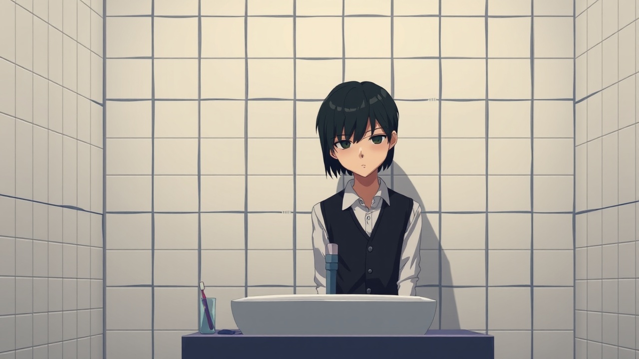 AI generated image by FLUX.1-schnell: Omocat's omori game artstyle, The image depicts a young person standing behind a bathroom sink, their expression somber. Their dark hair is neatly styled, and they are dressed in a white shirt with a dark vest. The tiled walls behind them are plain and featureless, creating a sense of isolation. The only other elements in the scene are a toothbrush and a glass on the counter, suggesting a routine that the individual may find difficult to engage in. The overall mood of the image is melancholic, hinting at a sense of loneliness or sadness. The subdued colors and minimalist composition further contribute to the somber atmosphere.  The image leaves room for interpretation, inviting viewers to consider the inner thoughts and feelings of the subject.