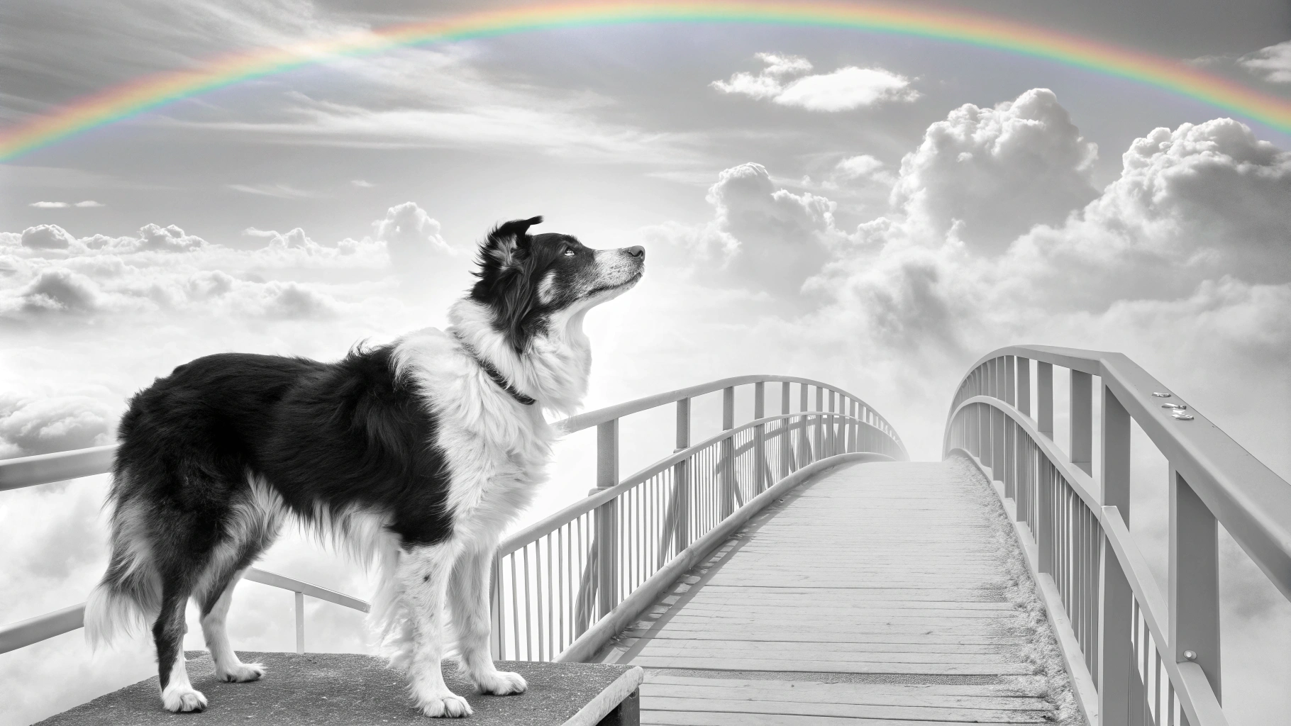 AI generated image by Red Panda AI: Black and white haski with brown eyes in heaven with rainbow bridge