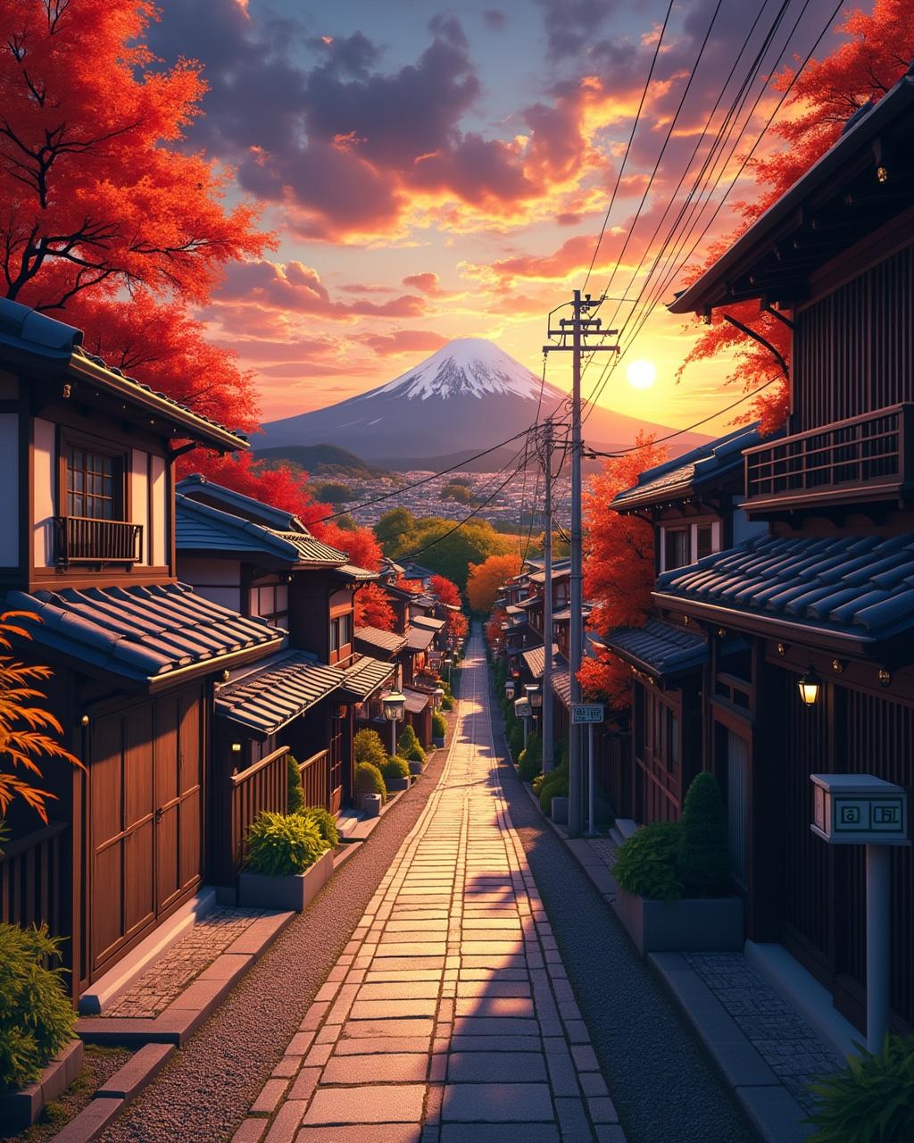AI generated image by FLUX.1-pro: A vibrant, scenic street in Kyoto, Japan during autumn, traditional wooden houses on both sides, colorful red and orange maple trees, stone path, distant view of Mount Fuji under a dramatic sunset sky with glowing clouds, cinematic lighting, rich details, anime style, ultra-realistic
