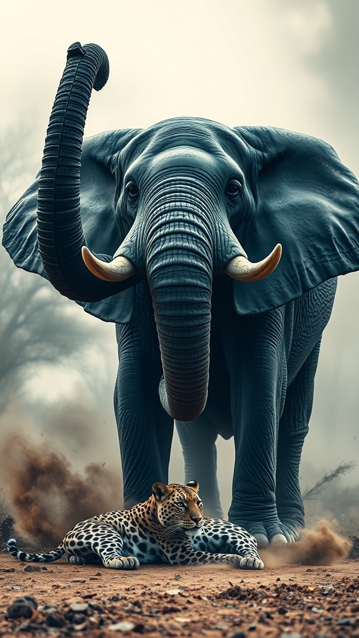 AI generated image by FLUX.1-schnell: hyper-realistic cinematic image of a massive elephant raising its tusks high, standing over a motionless leopard on the ground, dust swirling around its gigantic frame.