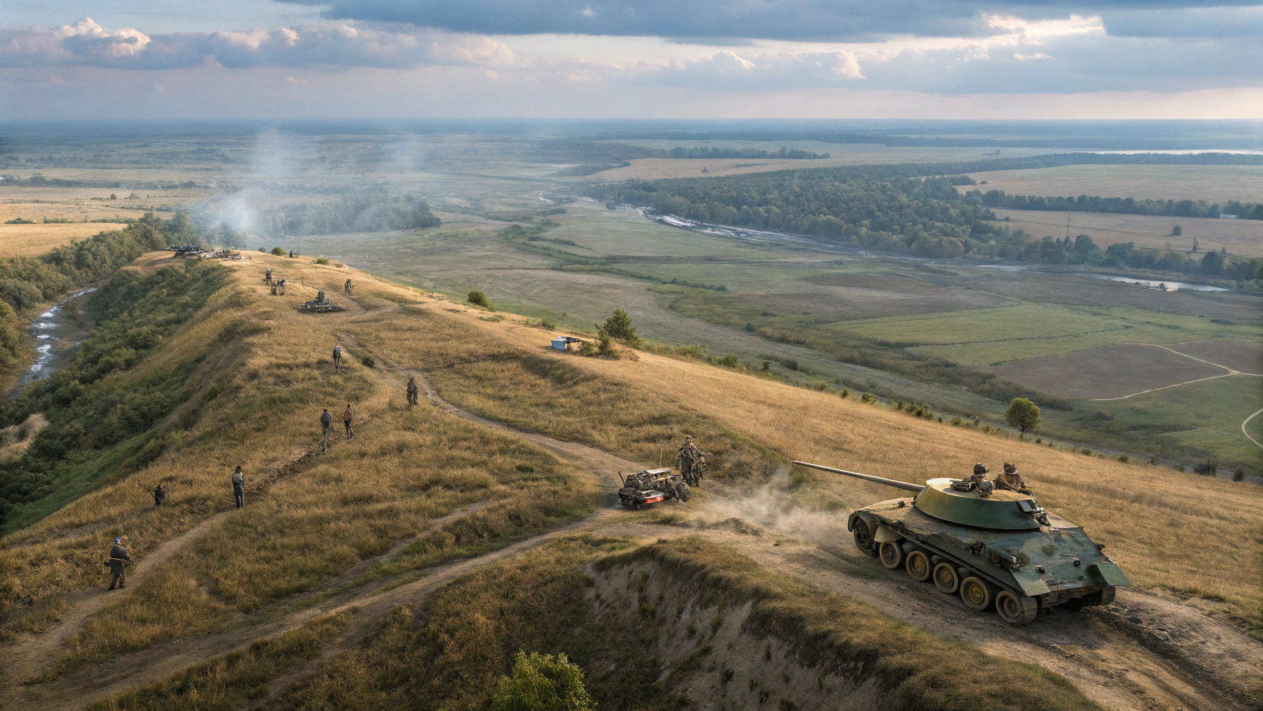 AI generated image by Red Panda AI: An aerial reconnaissance photograph showing a strategic battlefield at a critical moment. In the foreground, defensive positions are clearly established along a ridge. Forces have retreated from the high ground (visible in the distance) and are now concentrated at their current position. Several gold-colored supply convoys can be seen moving confidently across safe territory to the east, while the main battlefield shows coordinated pressure from multiple directions. In the command tent visible at the edge of the image, two generals appear to be in heated disagreement over tactical decisions, their maps and communications equipment scattered between them. Overnight reinforcements can be seen approaching from the north, though their numbers appear insufficient to change the strategic outlook.