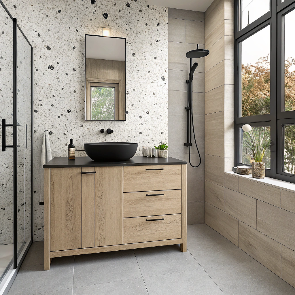 AI generated image by Red Panda AI: Une salle de bain moderne avec un meuble sous vasque dans le tons bois clair et une vasque à poser noire. La pièce est composée d'une doucha à l'italienne et d'une fenêtre à droite faisant entrer de la lumière naturelle. Le mur est terrazo et le carrelage au sol est gris clair