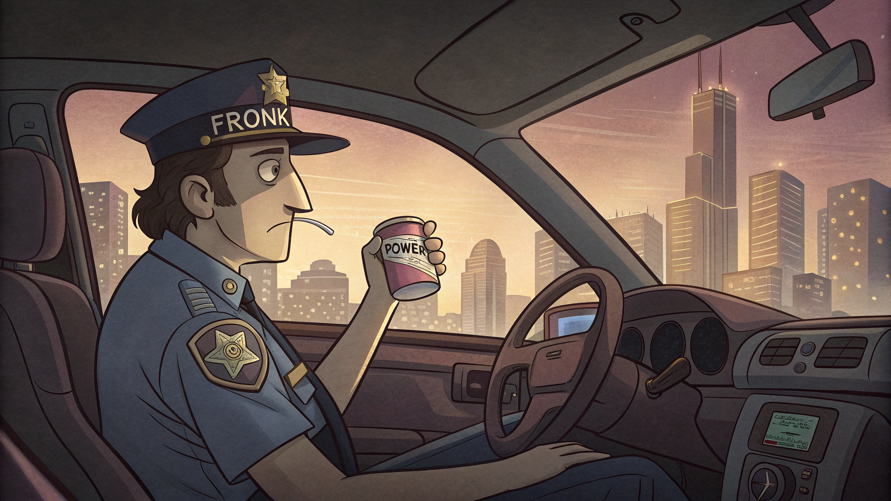 AI generated image by Red Panda AI: FRANK, un policía, está en su patrulla observando la ciudad desde su asiento, con una expresión de cansancio. Sostiene una cápsula de “Power” y la observa, dudoso