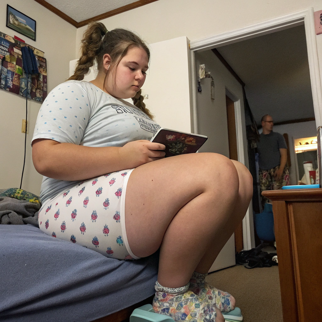 AI generated image by Red Panda AI: 18 year old female student, curvy girl, with 2 pigtails, wide hips, curvy body, pajama shorts, fat ass, Emphasis on buttocks, in her room, sitting, on top of her little brother's face.