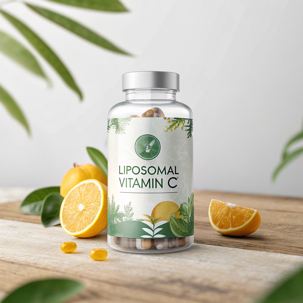 AI generated image by Red Panda AI: liposomal vitamin C packaging (bottle)
