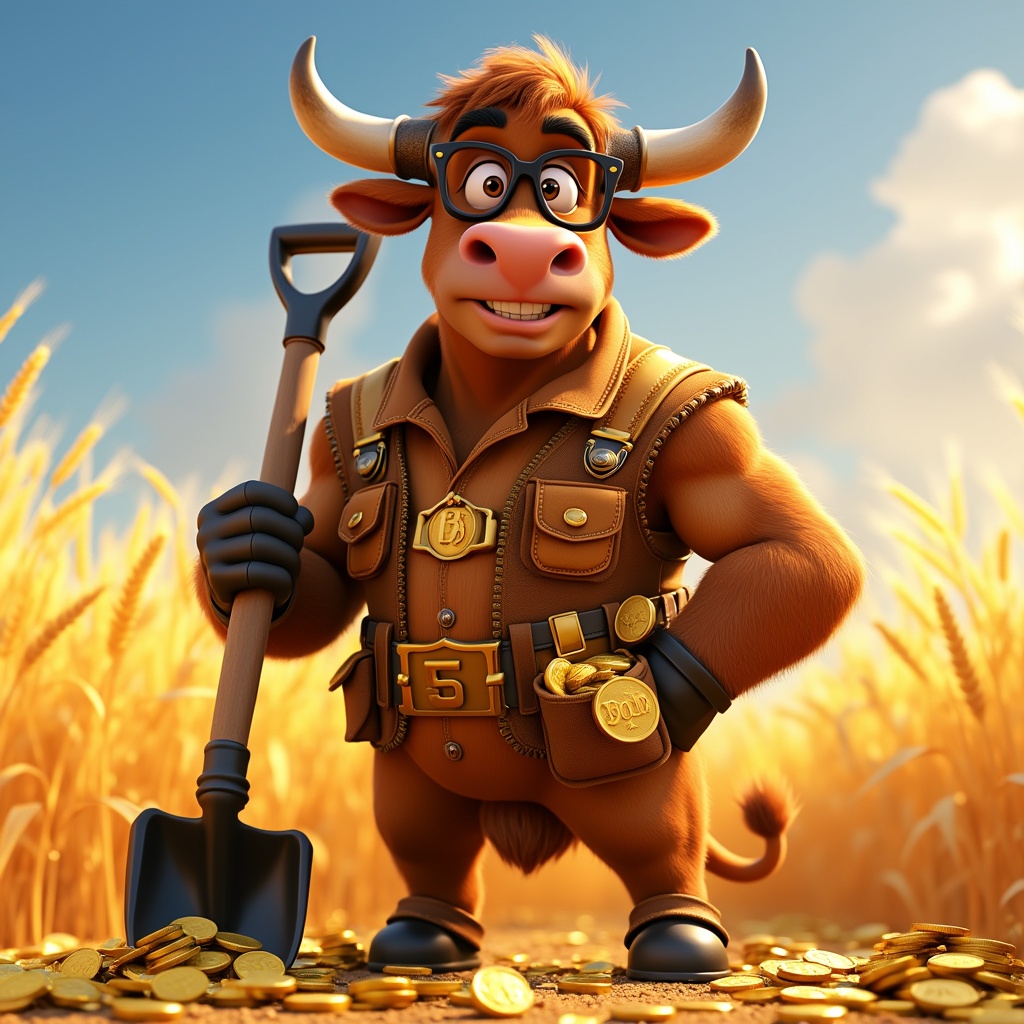 AI generated image by FLUX.1-pro: A Pixar-style cartoon character named Pete the Ox, a strong and confident ox with a muscular build and a youthful middle-aged vibe, standing tall with an optimistic grin, exuding bravery and determination. His fur is warm brown with subtle highlights, eyes sparkling with ambition, wearing black-rimmed glasses for a mature look. He wears a practical yet stylish work vest made of golden-brown leather, embroidered with gold coin patterns, pockets trimmed with gold thread, a gold-buckled belt around the waist with a coin-filled pouch hanging, and gold rings decorating his horns. He holds a shovel in a dynamic pose, symbolizing hard work and wealth pursuit. Set against a backdrop of a golden wheat field under bright sunlight with shimmering wheat, clear sky, vibrant colors, detailed textures, cinematic lighting, avoiding overly childish features.