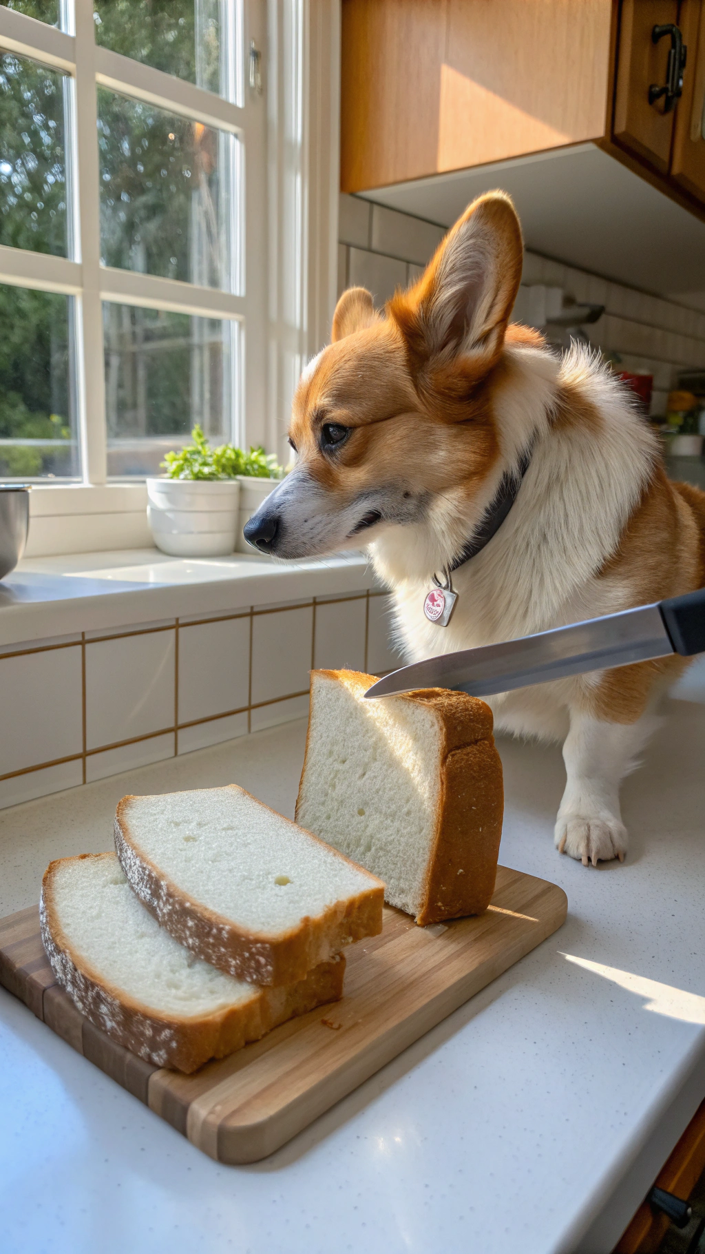 AI generated image by Red Panda AI: anthropomorphic corgi gripping a bread knife with one paw and slicing off a piece of bread from a solid loaf of bread. Nearby are slices of bread. Corgi is in an american suburban kitchen during the day. 