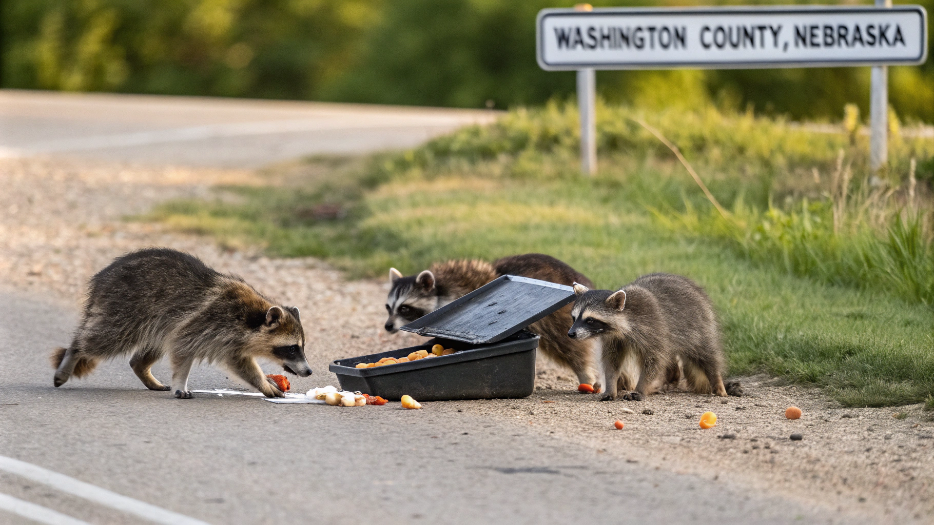 AI generated image by Red Panda AI: Three Raccoons Eating Chinese Food on the side of a country road, there is a sign that reads "Washington County, Nebraska"