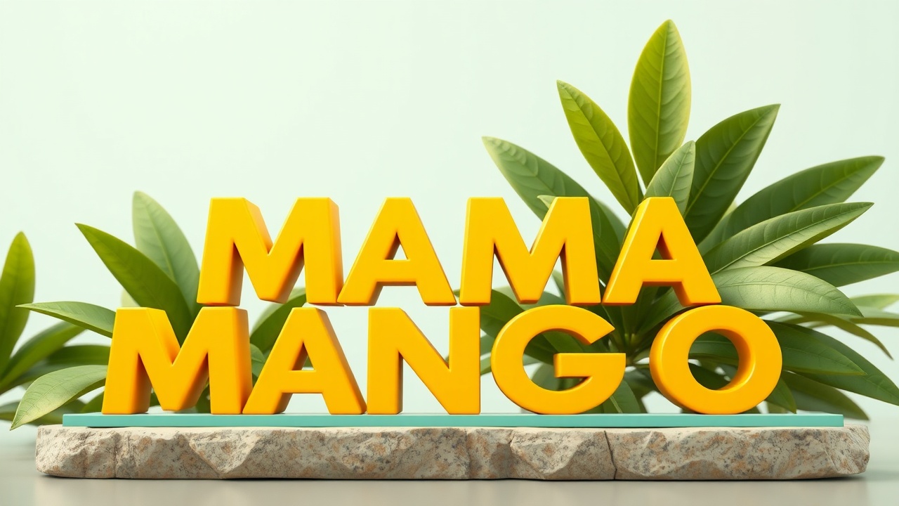 AI generated image by FLUX.1-schnell: Create a 3d version of the text MAMA MANGO. The text's iconic yellow should be preserved, and the name 'MAMA MANGO' should be clearly visible . Enhance the text with green mango leaves behind the text for a sustainable look. The surroundings should be calm, 