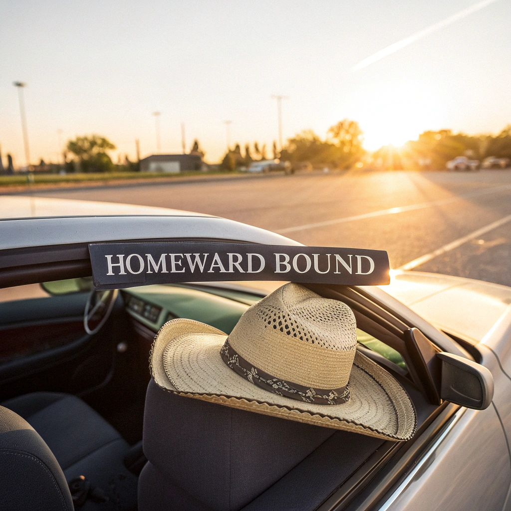 AI generated image by Red Panda AI: The words "Homeward Bound",  a cowboy hat sitting on a car in the sunshine. The words "Homeward Bound"