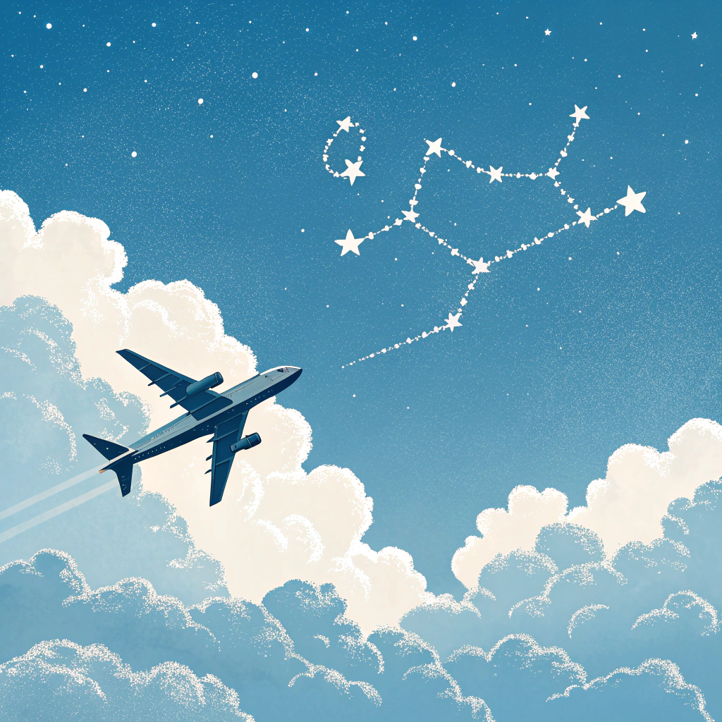 AI generated image by Red Panda AI: 飛機飛過，雲朵是處女座的圖案
