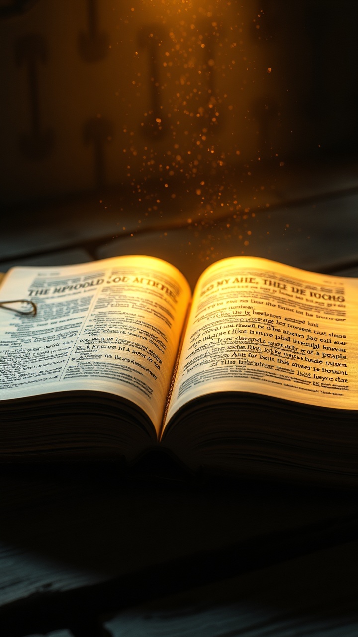AI generated image by FLUX.1-schnell: Ancient Holy Bible resting on a rustic wooden table, golden divine light shining from the open pages, dust particles floating in the air, dramatic cinematic lighting, deep shadows, sacred atmosphere, ultra realistic, 8k, depth of field, spiritual and majestic mood --ar 9:16
