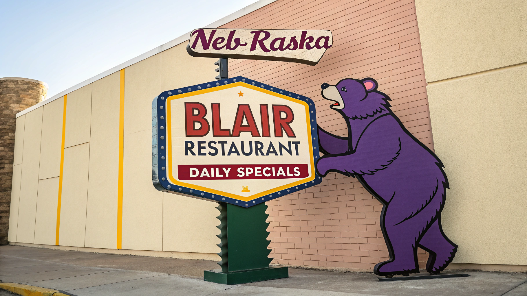AI generated image by Red Panda AI: "Blair Restaurant Daily Specials" on a fast food logo sign.  A purple bear is the mascot on the sign.  This is for Blair, Nebraska restaurants