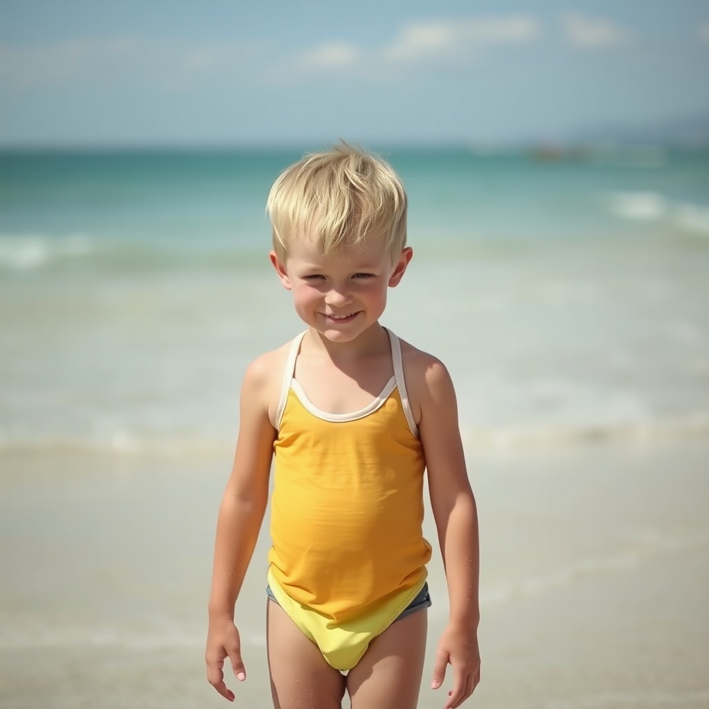 AI generated image by FLUX.1-schnell: garçon de six ans blond en mini maillot de bain sur la plage