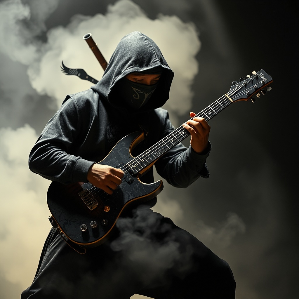 AI generated image by FLUX.1-schnell: A guitar playing ninja with a smoke screen in the back round