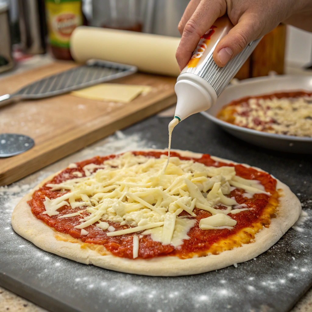 AI generated image by Red Panda AI: PVA glue sticking cheese onto a pizza