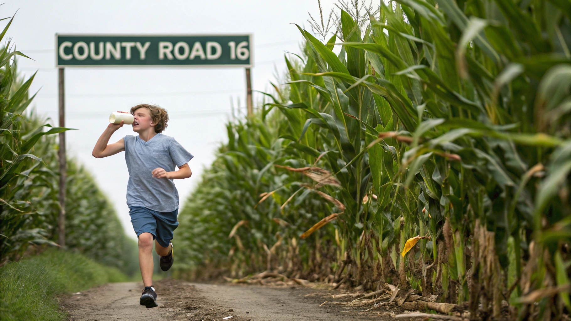 AI generated image by Red Panda AI: a teenager running through a cornfield drinking a gallon of milk.  A sign says "County Road 16"