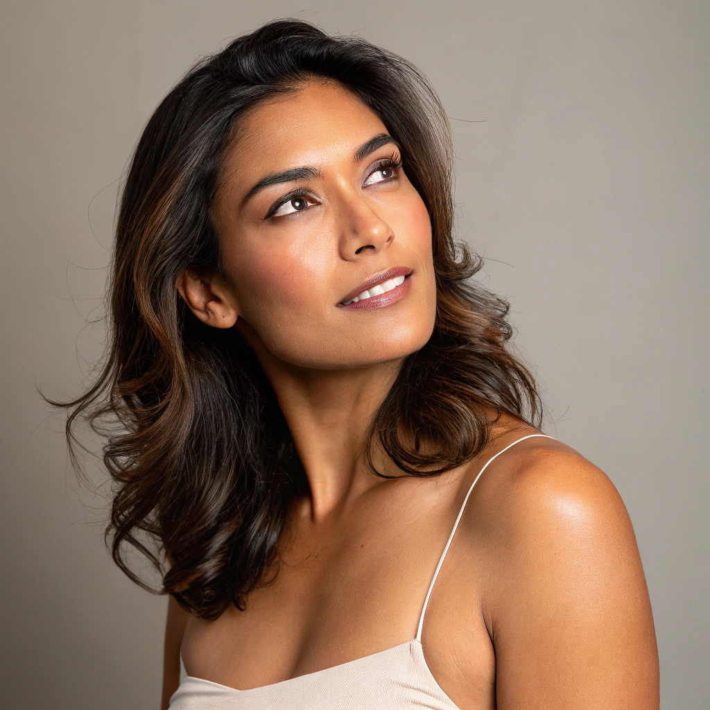 AI generated image by FLUX.1-schnell: A pretty latina woman in her 30s. She is standing in front of a simple background in good lighting
