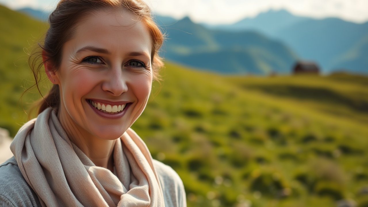 AI generated image by FLUX.1-schnell: A close-up portrait of a smiling 35 year old woman wearing a light, casual scarf around her neck, standing against a backdrop of a lush green Alpine meadow with distant mountains. The scene is captured in natural daylight, with the soft, warm sunlight gently illuminating her face and the vibrant green surroundings. The image is shot with a Nikon Z7 II, 50mm f/1.4 lens, featuring neutral tones that highlight the serene and natural beauty of the setting.