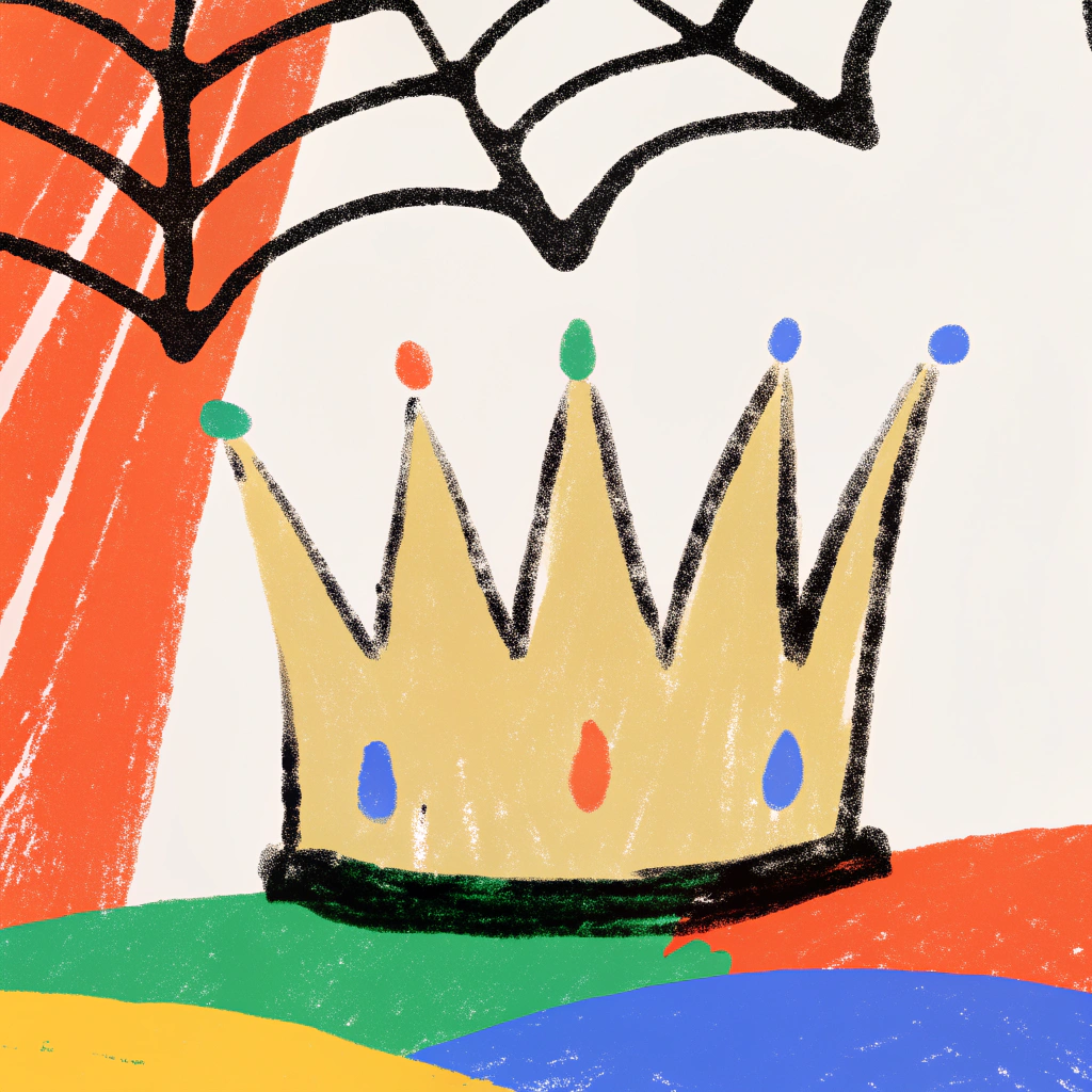 AI generated image by Red Panda AI: monochrome minimalist tattoo style drawing of a crown turned upside down on the ground, dirty, abandoned, with spider web on one side of it, white background sketchy