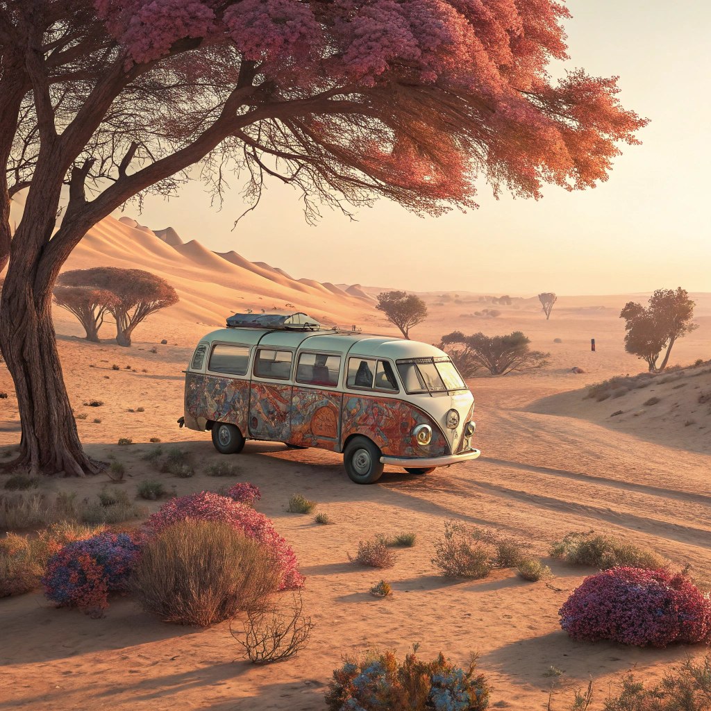 AI generated image by Red Panda AI: {{A moving image of a hippi van, parked in the middle of the Sahara desert on a spring morning in the 60s}}. The style of the artwork will be inspired by {Janis Joplin} and {Peter Max}, combining techniques from {styleGAN2} and {proGAN} to achieve charming realism. The image will be presented from different perspectives, including a view from inside the van and a shot from above. The background will be full of magical elements, such as colorful trees and fantastic beings. The lighting will be soft and warm, highlighting the connection with nature and the free spirit of the time. The resolution used will be {12K}, which will allow an intimate approach to the scene.