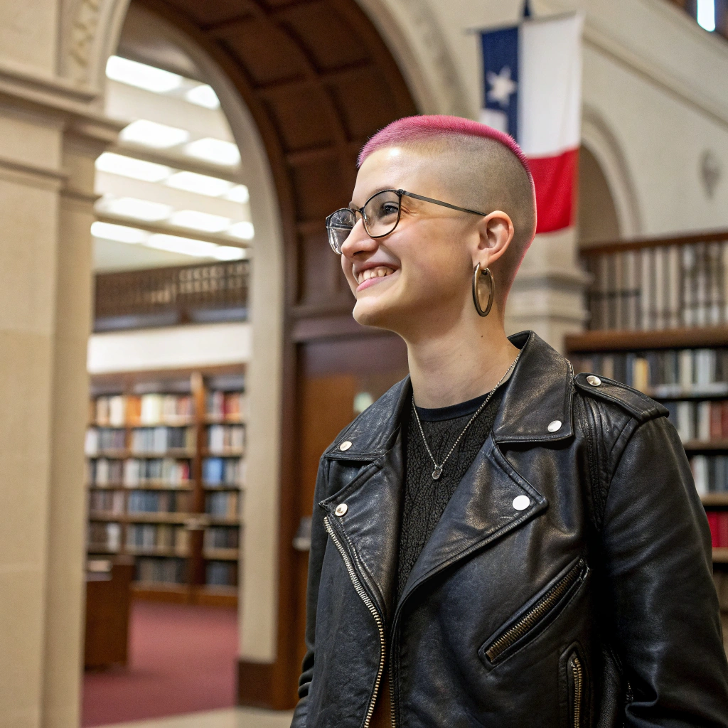 AI generated image by Red Panda AI: melissa benoist in the foreground, 20 years old, shaved hair on both sides, pink hair with a quilt on both side, looking like Harley queen, wearing an old black leather jacket, smiling, wearing eyeglasses, photorealistic, university library in the background, texan flag in the background