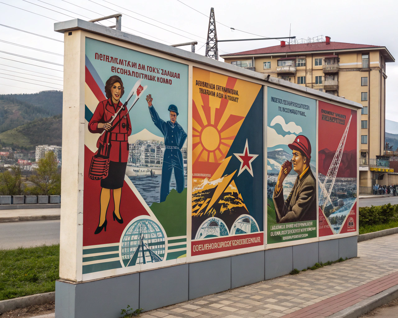 AI generated image by Red Panda AI: Recrea un poster con el tipo constructivismo soviético estilo rodchenko pero en américa latina, donde se vean a personas, cada uno representando los siguientes servicios estatales: ferrocarriles, rutas, agua, electricidad, energía atómica, educación, salud, gas, telefonía