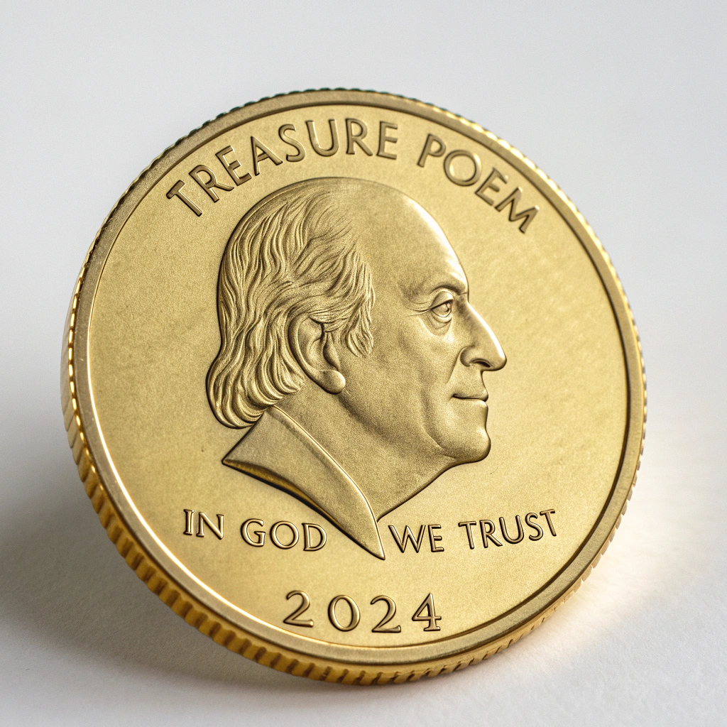 AI generated image by Red Panda AI: Gold coin with the words Treasure Poem arching around the top of the gold coin.  Near the bottom left side the words IN GOD and to the right side of IN GOD the words WE TRUST and below all the words IN GOD WE TRUST the year 2024 spaced out and arching around the bottom of the gold coin. In the center of the gold coin a head shot showing a side view of a man facing to the left on the gold coin.
