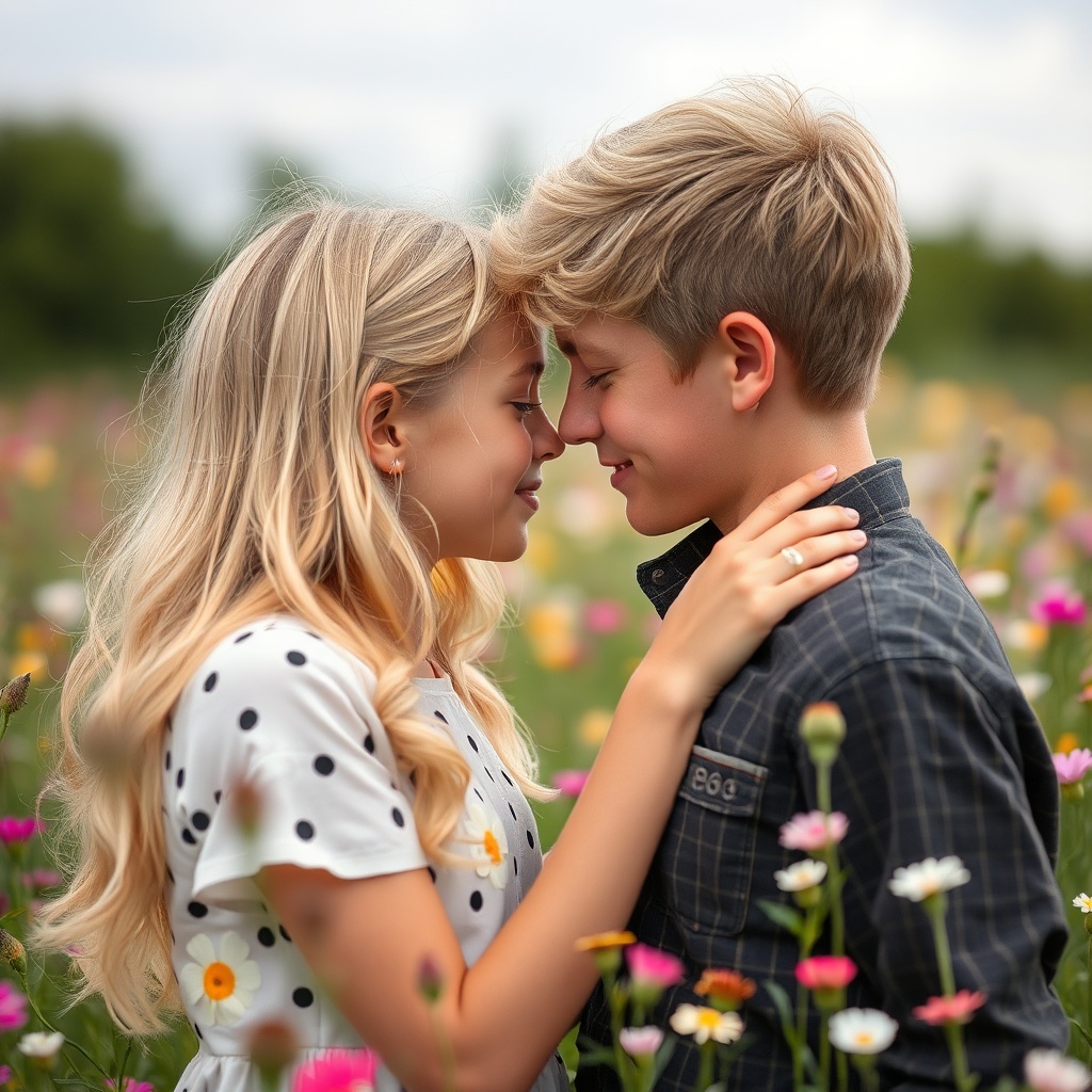 AI generated image by FLUX.1-schnell: un garçon et une fille blonds  de huit ans face à face et s'embrassant sur la bouche dans un champ de fleurs