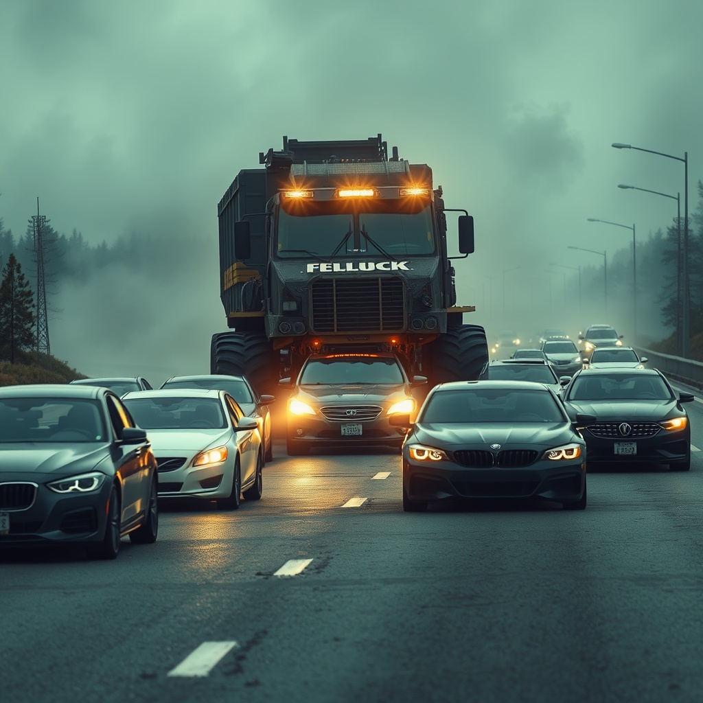 AI generated image by FLUX.1-schnell: Create a realistic scene of chaos on a highway, showing a large industrial vehicle crushing multiple parked cars. The background features smoke, scattered trees, and a tense atmosphere. The overall mood should reflect an apocalyptic or disaster-like scenario. The cars should be modern models, and the industrial vehicle should look powerful and heavy-duty, equipped with bright headlights.

