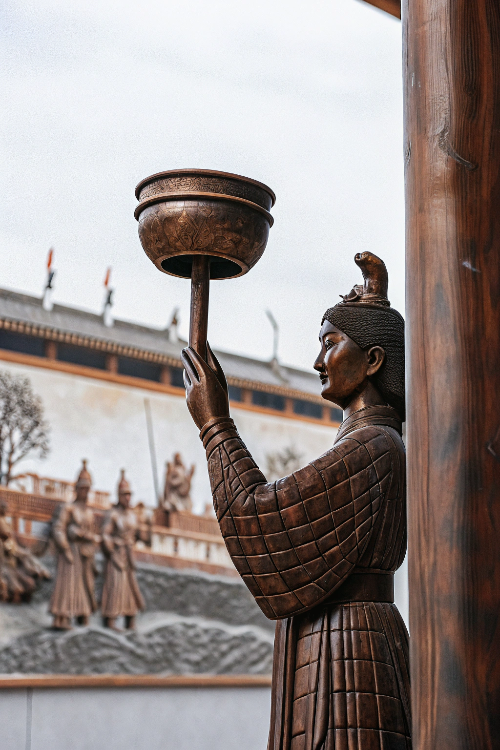 AI generated image by Red Panda AI: 东方女性，西蜀国女王，青铜礼器，盛酒动作，战争背景
