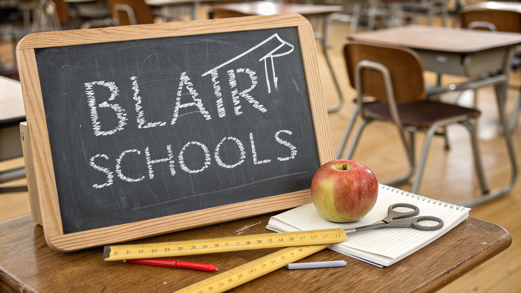 AI generated image by Red Panda AI: "Breaking News About Blair Schools" with a school chalkboard motif