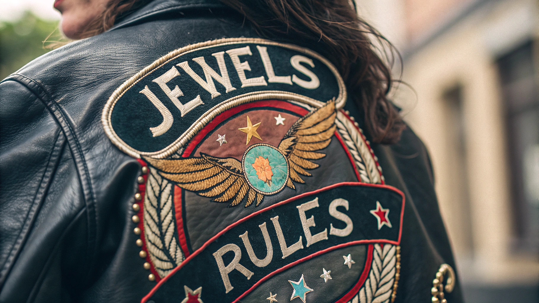 AI generated image by Red Panda AI: Band logo for the band, "Jewels Rules".  Americana, blues, authentic, wood and leather, embroidered patch on leather jacket.