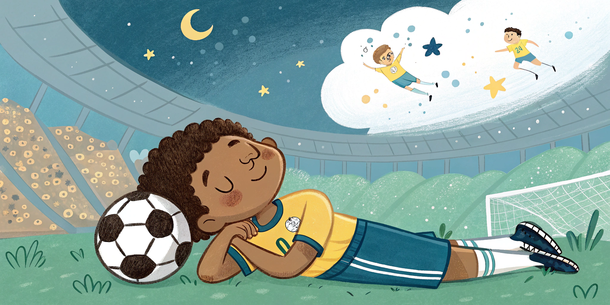 AI generated image by Red Panda AI: Imagen para la portada de un libro de un niño durmiendo mientras sueña con llegar a ser futbolista profesional.