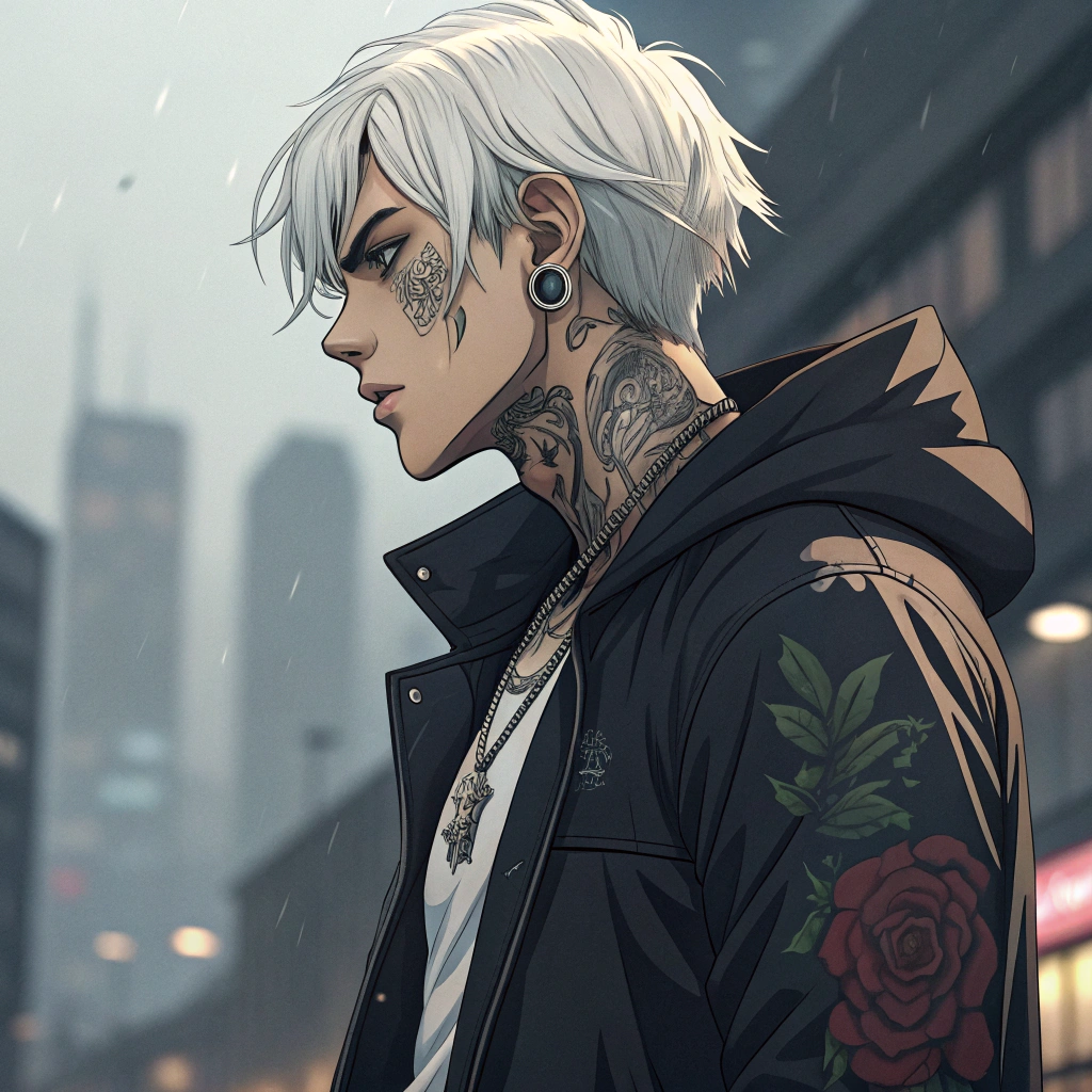 AI generated image by Red Panda AI: Un personaje con el pelo blanco una chaqueta y muchos tatuajes estilo anime