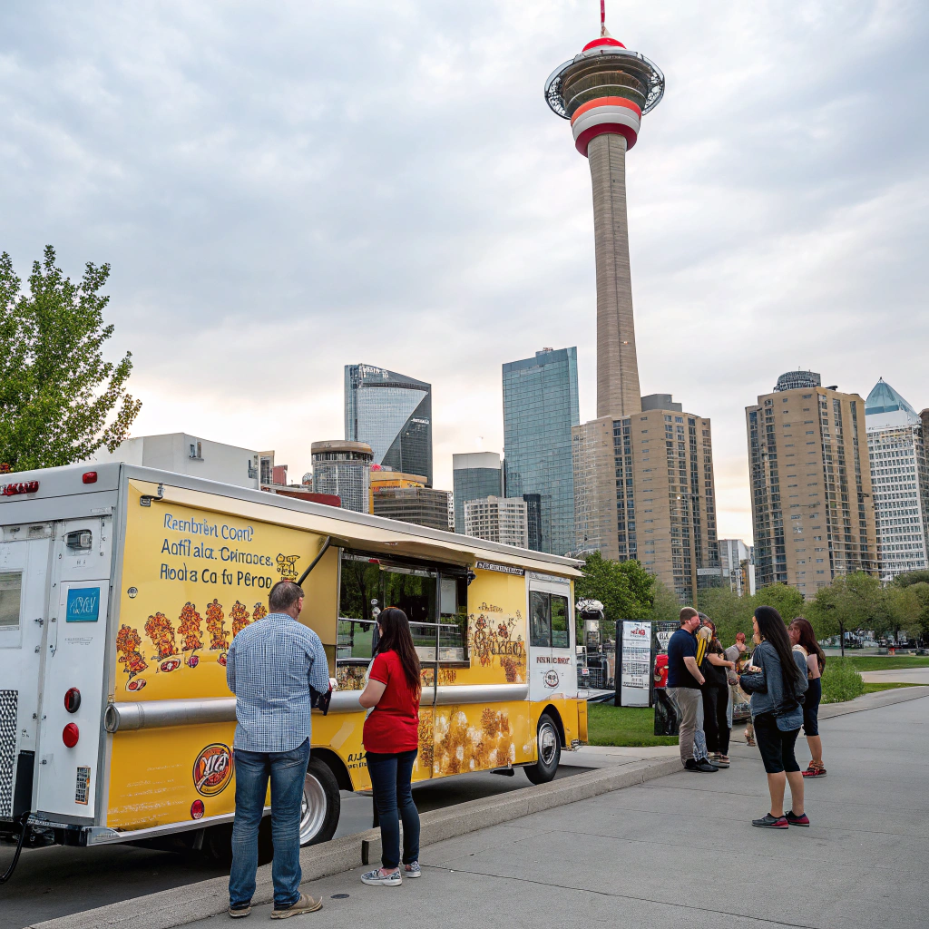 AI generated image by Red Panda AI: A friendly food truck setup near a recognizable Calgary landmark (like the Calgary Tower or a downtown park), capturing Julien's food service focus and his dream of opening his own food truck.