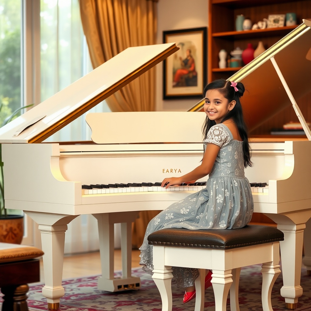 AI generated image by FLUX.1-schnell: The scene is in an affluent Metropolitan city home drawing room in India with a happy young girl with Indian features playing the 8 Octave Grand Piano sitting upright on a Piano bench.