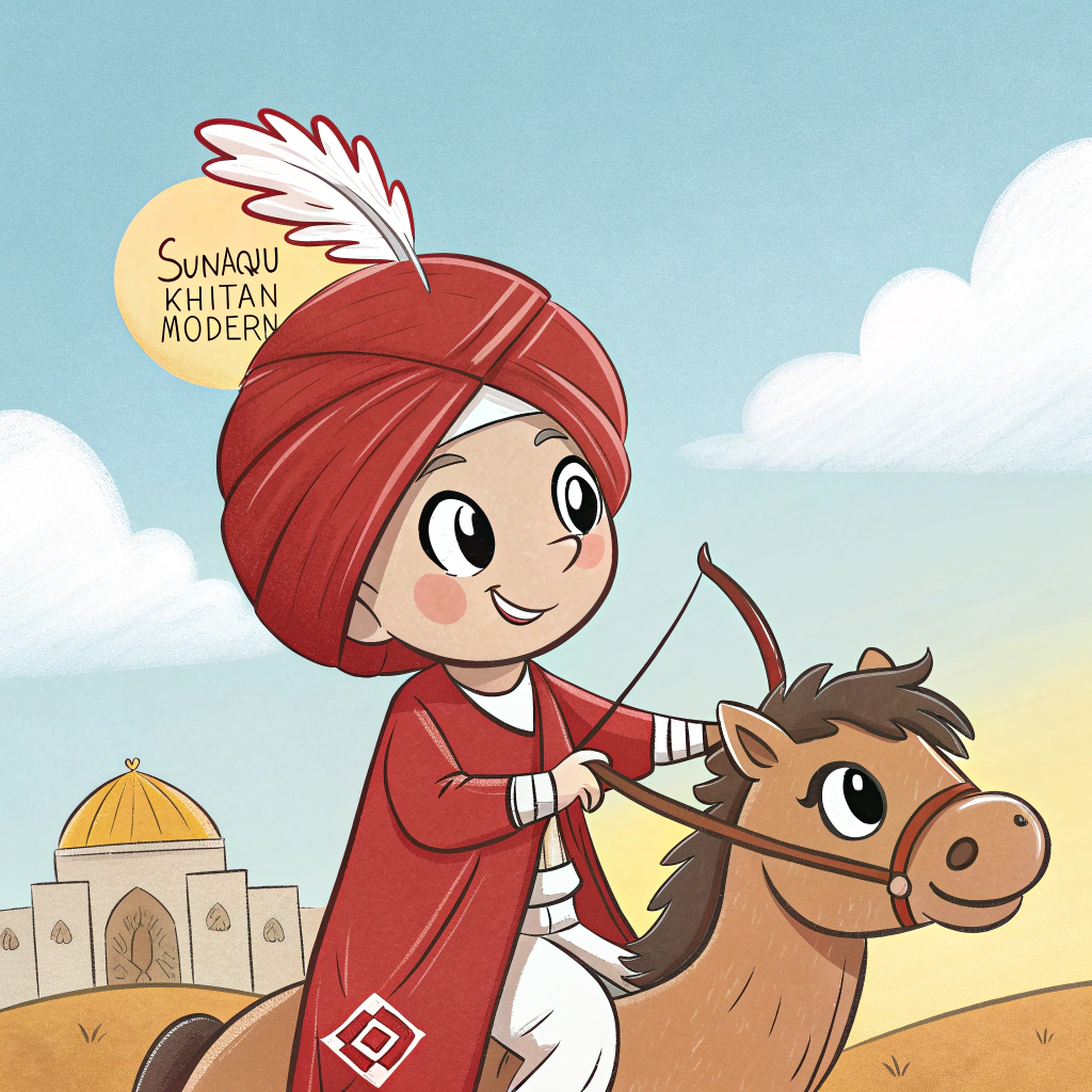 AI generated image by Red Panda AI: Create a cartoon-style illustration of a young child with a friendly expression, wearing a red turban with a feather and a 'SunaQu Khitan Modern' logo on the turban. The child is dressed in a red robe with white trims, holding a bow and arrow while riding a cute, animated brown horse with large, expressive eyes. The background features a bright, clear sky with fluffy white clouds and a desert landscape with simple dome-shaped buildings in the distance. Make sure the full horse and child are visible, capturing a whimsical, adventurous atmosphere, full body