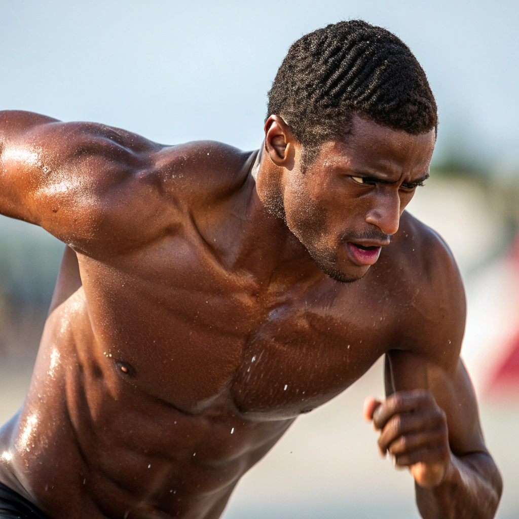 AI generated image by Red Panda AI: nude male running, close up
