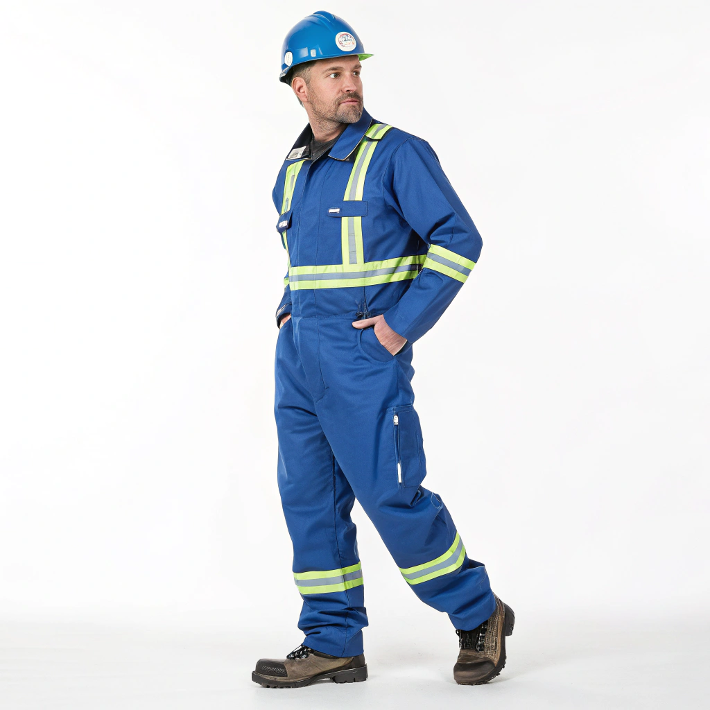 AI generated image by Red Panda AI: a 30-year-old man, wearing safety clothing for mine work, looking forward with a pose showing the clothing, blue clothing with reflective tapes, front and back, full body, with white background