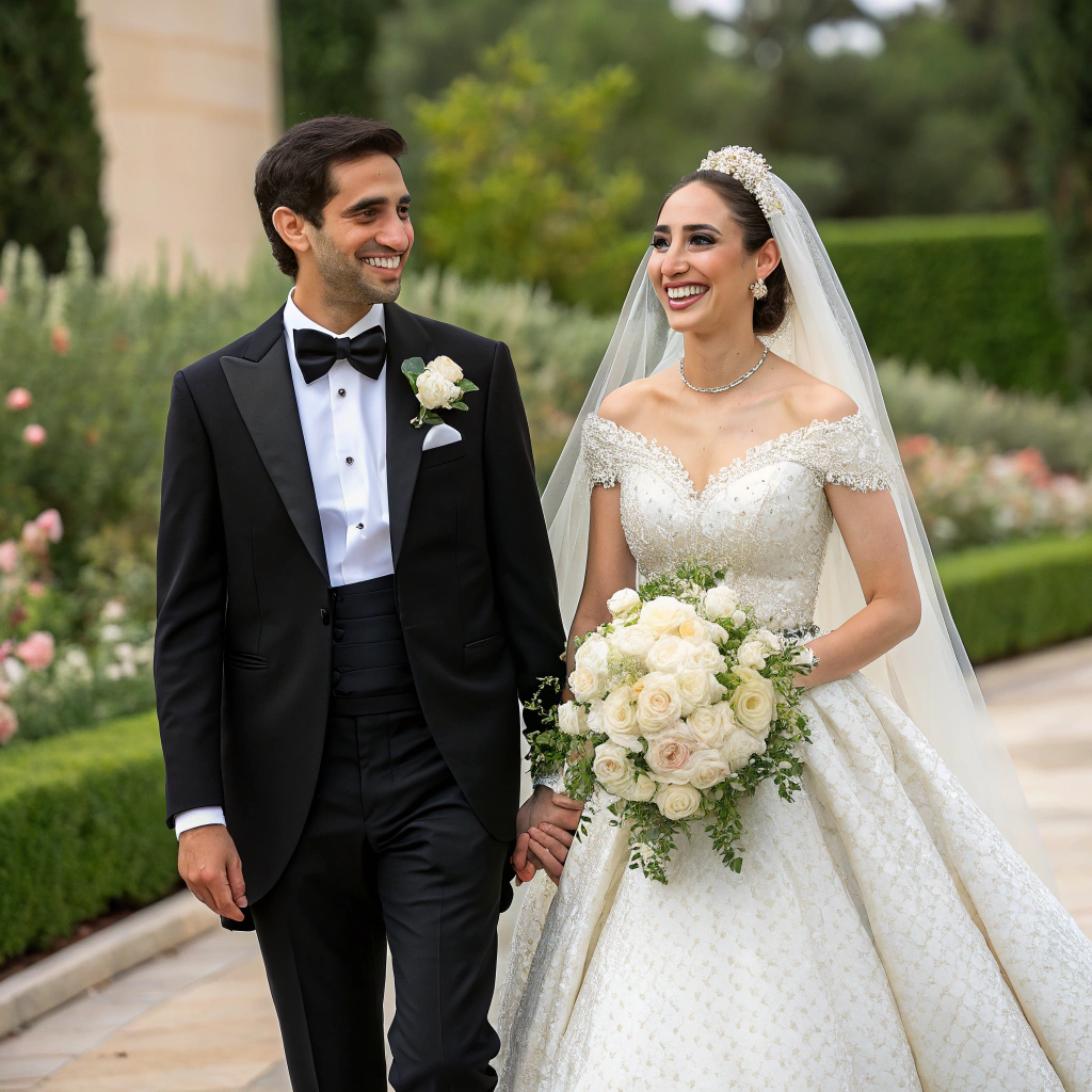 AI generated image by Red Panda AI:  pareja denovios con trajes de boda 