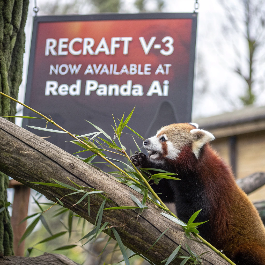 AI generated image by Red Panda AI: a red panda eating a bamboo in front of a poster that says "recraft V3 now available at red panda ai
