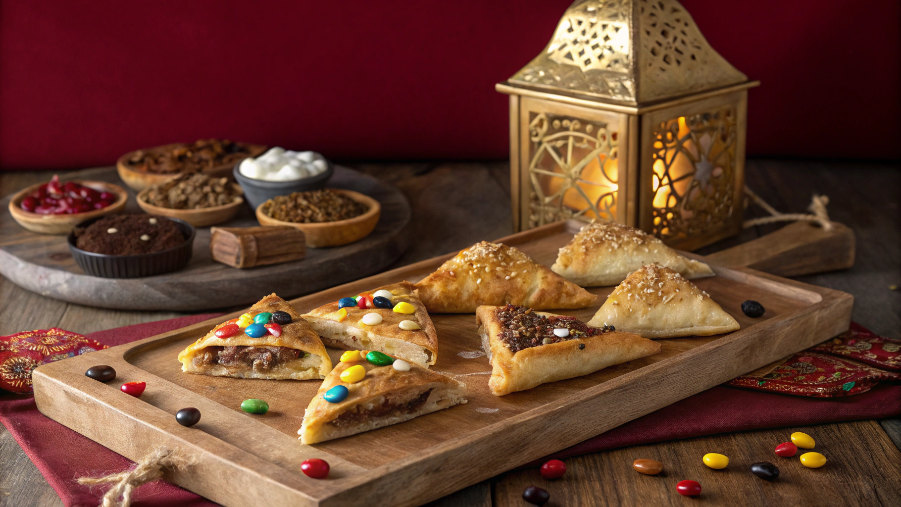 AI generated image by Red Panda AI: A wide-angle view of a variety of esfirhas, including meat, chicken, cheese, and chocolate with MM's, artfully arranged on a rustic wooden board with varied angles to showcase their textures. The scene is set on a table with a deep red background, enriched by Arabic decor elements such as a Moroccan-style lamp to create an inviting, culturally resonant visual. Soft, warm lighting with golden tones accentuates the details of each esfiha, adding a subtle, appealing glow. Photographed using a Sony A7R IV and a 24-70mm f/2.8 lens, the focus is on the board, capturing the texture and fillings of each flavor in an appetizing and harmonious display.